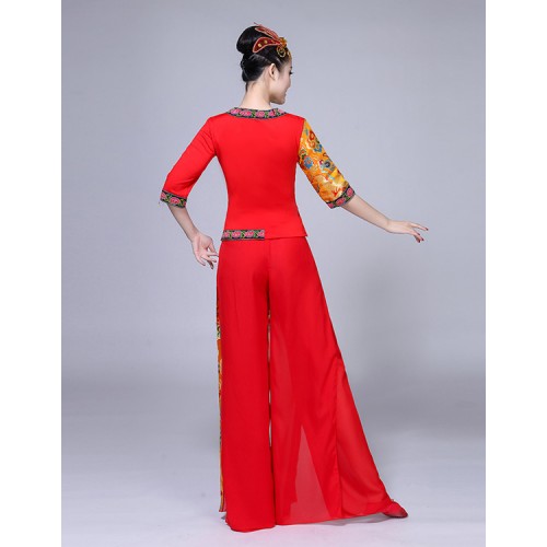Women's chinese folk dance costumes for female china style ancient traditional drummer square dancing performance tops and pants